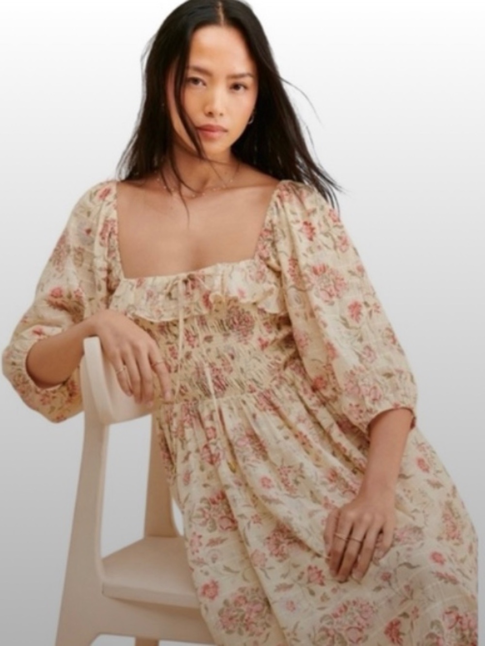 Free People Floral Midi Dress - Cream and Pink